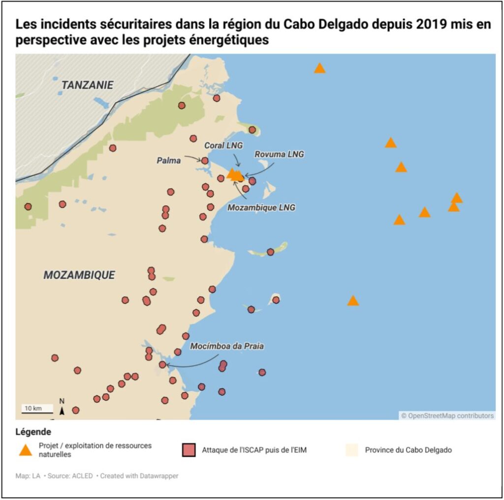 Carte présentant les incidents sécuritaires (Batailles - Violences contre les civils - Explosions) en lien avec l’État Islamique au Mozambique depuis 2019, avec la présence des différents projets énergétiques dans le pays, en utilisant les données de l’ACLED - Armed Conflict Location and Event Data. Lilian A.